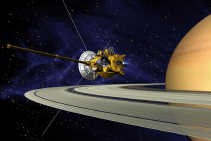 Cassini tijdens zijn manoeuvre donderdag bij de ringen van Saturnus. Het perspectief van de tekening is misleidend; de ringen zijn bijna driehonderdduizend kilometer breed.
