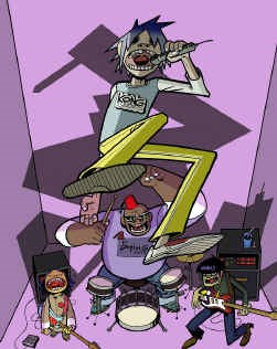 Noodle (links), 2-D (boven), Russel (midden) en Murdoc; samen Gorillaz.