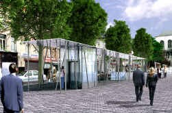 De bestaande toegangspaviljoenen worden vervangen door lichte, roestvrije constructies van metaal en glas.