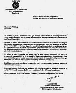 De brief - zonder datum of dossiernummer - die generaal Singelé op vraag van minister Flahaut aan Kabila richtte.rr <br>
