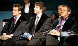 Stadsdichters Bart Moeyaert, Ramsey Nasr en Tom Lanoye kregen een eredoctoraat voor 'hun algemene verdiensten'. Wim Daneels<br>