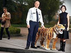 Gedeputeerde Hilde Claes en dierenagent Herman Misotten passen op een pluchen tijger. Yorick Jansens<br>