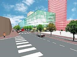 Simulatie van de toekomstige Koningin Fabiolalaan, met een mix van woningen en kantoren.rr