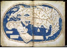 Links: wereldkaart <br>van Henricus Martellus<br>(1480-1496). rr<br>Onder: zoutvaatje <br>(Benin, 16de eeuw). rr<br>