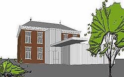 Links van het gemeentehuis komt er een bijgebouw en achteraan komt er een glazen ruimte. Mine Dalemans<br><br>
