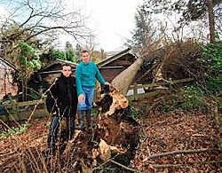 Marc Van den Brande en zijn zoon Filip bij de ravage die de storm achter hun huizen had aangericht. Marc Aerts