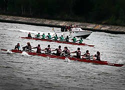 De roeiers van de Universiteit Hasselt wonnen de studentenregatta op het Albertkanaal, voor het team van de Khlim. Yorick Jansens<br>