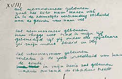 Gedicht XVI (b) in zwarte inkt, toegevoegd aan het groene handschrift van de ‘Nota's voor een Oostakkerse cantate'.Wouter Van Vooren<br>