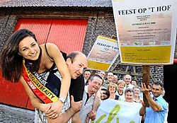 Luc Vercruysse is maar al te graag drager van finaliste Miss Belgian Beauty Wendy Volders uit Volkegem die de presentatie van de feesten voor haar rekening neemt. Paul Noens draagt zijn buurvrouw naar de eindstreep. David Stockman