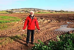 Piet Hardeman toont waar buurtweg 14 eindigt in een akker. Op de achtergrond de Kemmelberg. Bart Vandenbroucke