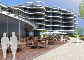 Het vijf verdiepingen hoge complex haalde het in de wedstrijd. pmg