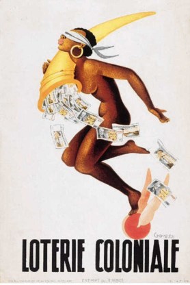 Affiche van Jacques Gouppy uit ca. 1950, met een Afrikaanse versie van de godin Fortuna. Nationale Loterij