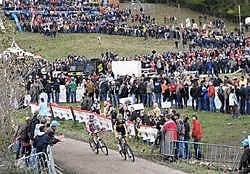 Duizenden toeschouwers moedigden Sven Nys aan toen hij de Vlaamse kuitenbijter omhoog reed. Julien Verhaeghe