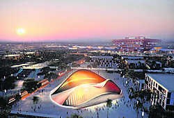 Het paviljoen in de vorm van een zandduin is getekend door Foster + Partners. rr