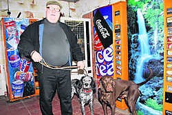 Jean-Pierre Deraedt, die in Ronse enkele automatenshops runt, schafte zich twee jachthonden aan om zich tegen vandalen en inbrekers te beschermen. pdv