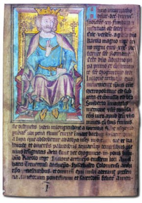 Karel de Grote volgens een miniatuur uit de 14de-16de eeuw. <br>akg-images/Van Parys Media