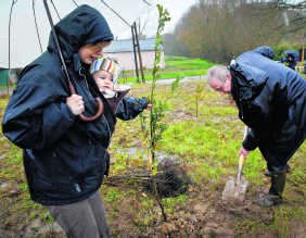 Ondanks het gure weer kwamen zo'n vijfhonderd mensen hun boompje planten.Bart Dewaele