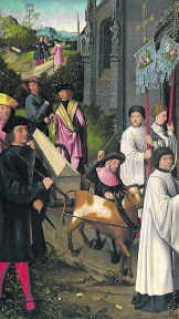 Vijf van de zeven panelen van Goswin Van der Weydens 'Zeven taferelen uit het leven van de heilige Dymphna'.rr