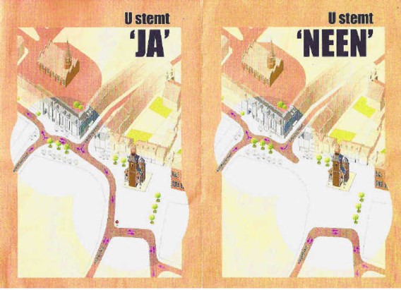 De infobrochure toont op een plannetje de gevolgen van een 'ja' of 'nee' bij de stemming.ica