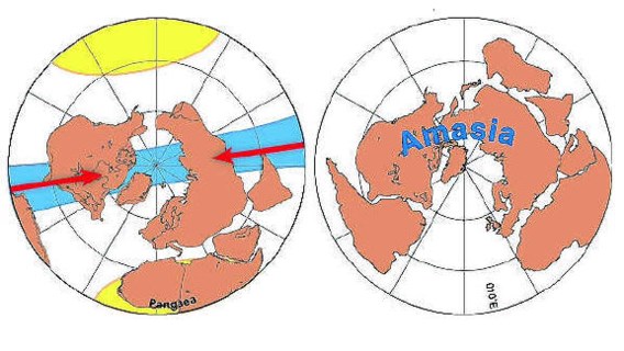 Eurazië en Amerika gaan noordwaarts naar elkaar toe bewegen (links). Binnen honderd miljoen jaar (rechts) zijn de continenten weer zo ongeveer verenigd. Links is ook ruwweg de ligging van het oude supercontinent Pangea aangegeven. Mitchell/Nature