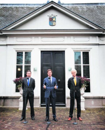 Het Nederlandse 'triumviraat' (vlnr) Maxime Verhagen (CDA), Mark Rutte (VVD) en Geert Wilders (PVV).hh