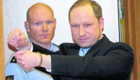 Anders Breivik in de rechtbank, begin februari.afp
