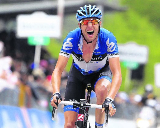 Ryder Hesjedal houdt nog een slag om de arm: 'Dit was een belangrijke dag, maar niet de laatste van deze Giro.'Luc Benies/afp
