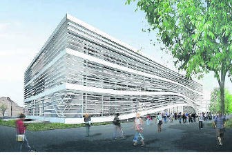 Het lamellengebouw zal het uitzicht van de HoGent-campus aan de Voskenslaan drastisch veranderen. 