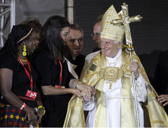 Paus benedictus XVI op de wereldjongerendagen in Madrid vorig jaar.