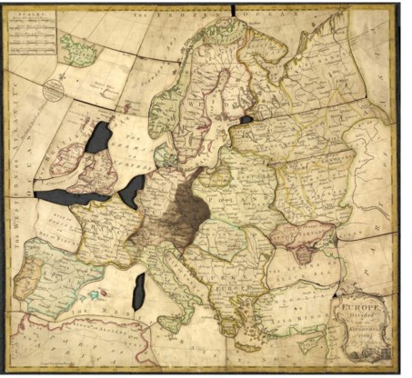 Een kaart als legpuzzel (1766): o.m. het stukje van de Nederlanden ontbreekt.