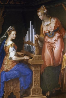 De heilige Cecilia speelt orgel op een schilderij van Bernardino Campi.
