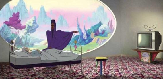 De animatieversie van Grace Jones. Detail in het interieur: een tafeltje van Dalí.