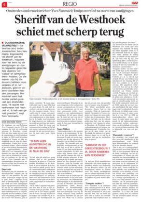 Het artikel in de Krant van West-Vlaanderen, met een foto van rechter Vanmaele naast de ‘geplagieerde’ buldog.