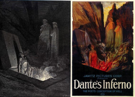 Linkseen illustratie van Doré: ‘De hel van Dante’, rechts de Amerikaanse filmaffiche van ‘Dante’s inferno’.