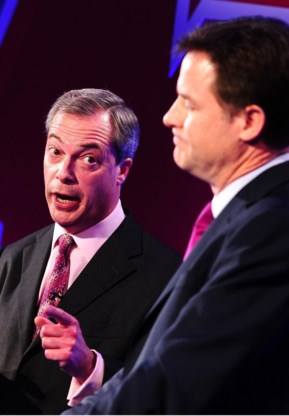 Farage (l.) en Clegg.