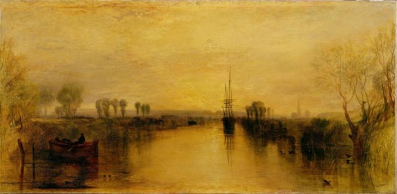 'Chichester Canal’ van William Turner uit 1829, een ‘vulkaanvrij’ jaar. De onderzoekers maten de kleur van een strook net boven de horizon.
