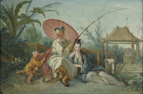 In wijzerzin:‘Les plaisirs du bain’ van Nicolas Lancret  (1690-1743).‘La fête à Saint-Cloud’ van Jean-Honoré Fragonard  (1732-1806).Detail uit ‘Le meunier galant’ van Antoine Watteau  (1684-1721).‘La pêche chinoise’ van François Boucher  (1703-1770).