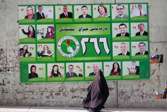 Een verkiezingsaffiche in het Koerdische Suleimaniya. Het overleven van premier Nouri al-Maliki is dé inzet van deze verkiezingen.