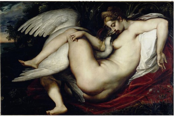 Zeus, in de gedaante van een zwaan, begeert het lichaam van Leda. (schilderij van Rubens)