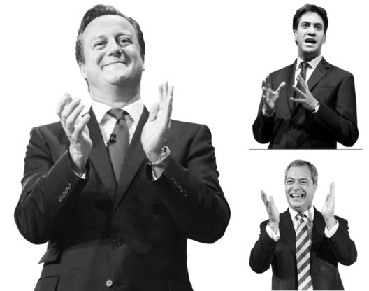 David Cameron (links), Ed Miliband(boven) en Nigel Farage