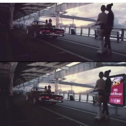 Twee shots uit dezelfde clip: bovenaan telkens zonder reclame, onderaan met.
