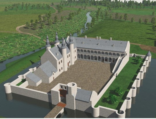 Een reconstructietekening van hoe het kasteel van Egmont er vroeger uitzag. 