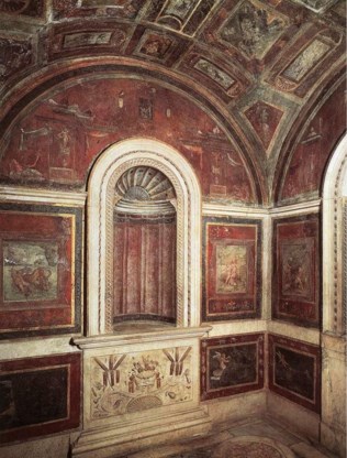 De Stufetta (waskamer) van kardinaal Bernardo Dovizi da Bibbiena (links) in een paleis van het Vaticaan. De oude badkamer werd gebouwd in het begin van de 16de eeuw.