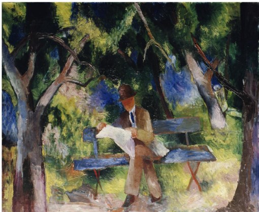 ‘Lesender Mann im Park’ van August Macke. Het werk straalt een milde, zondagse rust uit. 