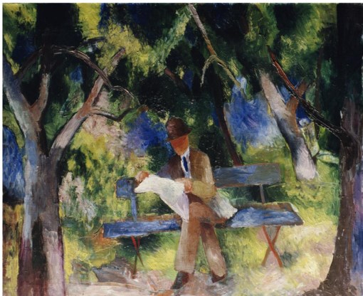 ‘Lesender Mann im Park’ van August Macke. Het werk straalt een milde, zondagse rust uit.
