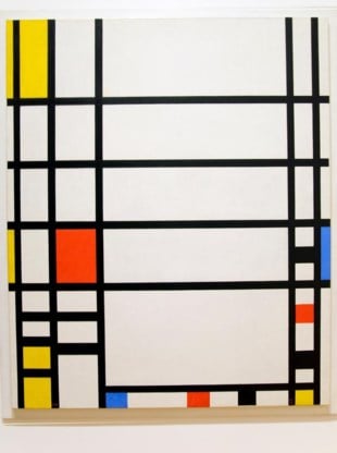 ‘Compositie met rood, geel en blauw’ van Piet Mondriaan. ‘Vrij’ in Europa, copyrights in de VS.
