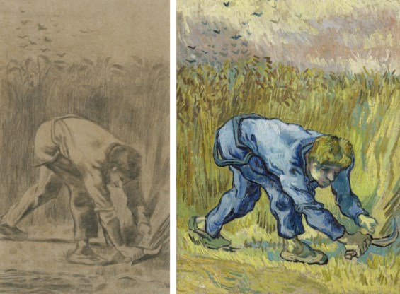 Tweemaal ‘De maaier’ van Van Gogh naar Millet. Boven de tekening die hij in 1880 maakte in de Borinage, onder de geschilderde versie van 1889 uit de Provence.