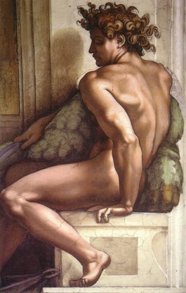 Een ‘ignudo’ van Michelangelo uit de Sixtijnse kapel.