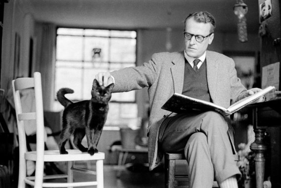Willem Frederik Hermans met poes, in 1964.