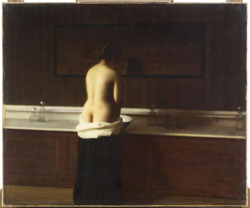 Boven: Pierre Bonnard, ‘Naakt in een kuip’. Badende vrouwen worden betrapt op een privémoment. Onder: Georges de La Tour, ‘De vrouw met de luis’.